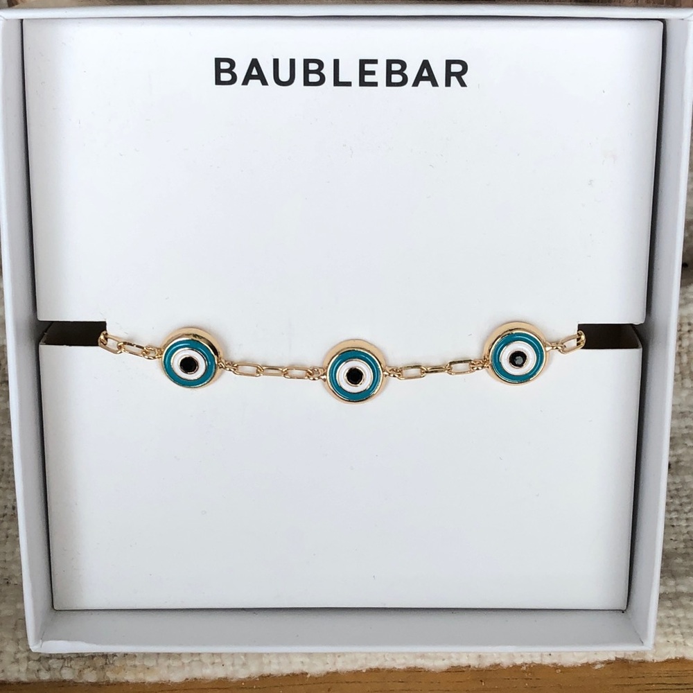 BaubleBar Gold Tone Turquoise Blue Evil Eye Station Slider Bracelet NWT & Box
